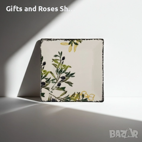 Изящна чиния с квадратна форма, декор с маслини - керамика , снимка 4 - Чинии - 52952666