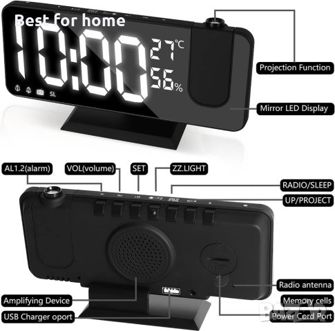 Прожекционен будилник LED дигитален,FM радио,температура и влажност,USB порт за зареждане,огледален, снимка 3 - Друга електроника - 42417437