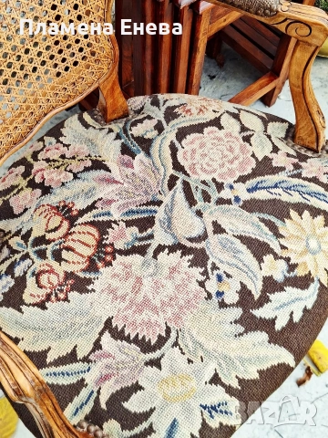 кресло в стил Луи 15 с гобленова тапицерия и ратанов гръб , снимка 5 - Столове - 53165521