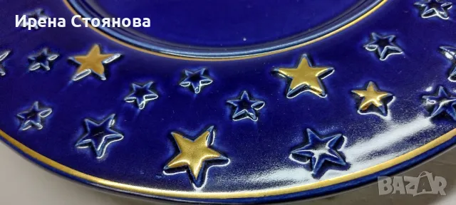 Керамично плато в кобалтово синьо, златен кант и коледен мотив. Ръчно рисувана златна декорация, снимка 8 - Декорация за дома - 47834933