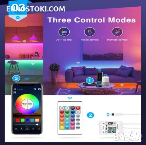 RGB LED лента 5050, 5 метра, дистанционно управление, Music Sync цвета, APP контрол, 5 метра, снимка 7 - Лед осветление - 56156693
