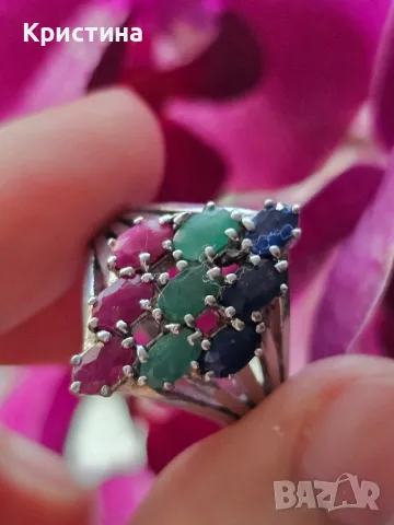 Сребърен пръстен със Сапфири, Рубини и Смарагди, снимка 5 - Пръстени - 49346089