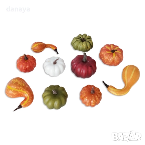 6067 Изкуствени тикви за есенна украса, комплект мини тикви, 10 броя, снимка 3 - Изкуствени цветя - 51703401