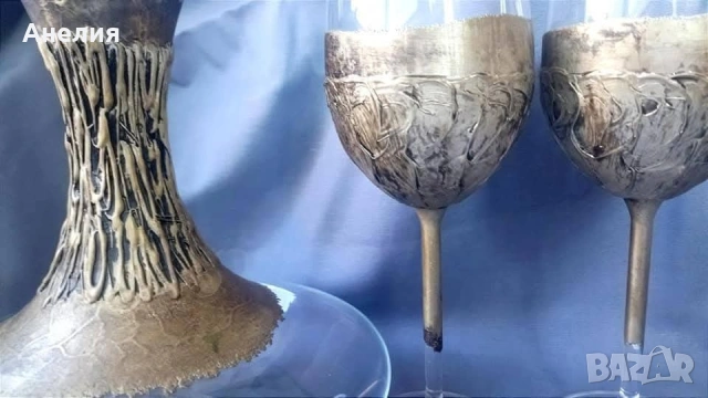 Комплект гарафа и 2 чаши за вино ръчна изработка , снимка 8 - Чаши - 53040005
