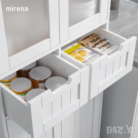 Висок шкаф за баня, стъклена врата и рафтове, 2 чекмеджета, бял, снимка 6 - Бюфети - 53145158