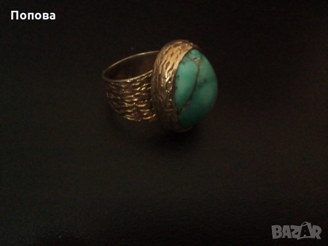 Винтидж дизайнерски сребърен пръстен с естествен тюркоаз и позлата, снимка 7 - Пръстени - 33975639