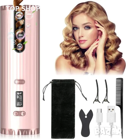 Безжична маша за къдрици, преносима автоматична маша, 6 температури и таймер, LCD дисплей, USB кабел