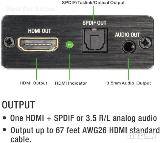 HDMI към HDMI аудио екстрактор с оптичен TOSLINK SPDIF стерео аудио конвертор,Ultra HD 4KX2K 3D, снимка 6 - Приемници и антени - 42430850