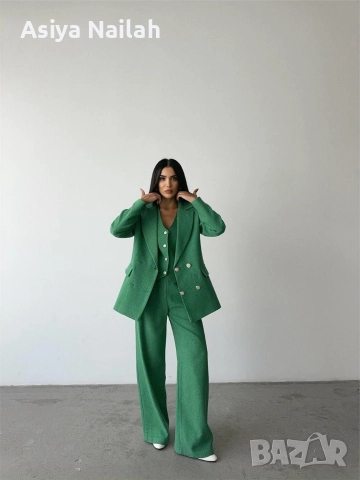 Дамски зелен костюм от 3 части – сако, елек и широк панталон, снимка 5 - Костюми - 52792782