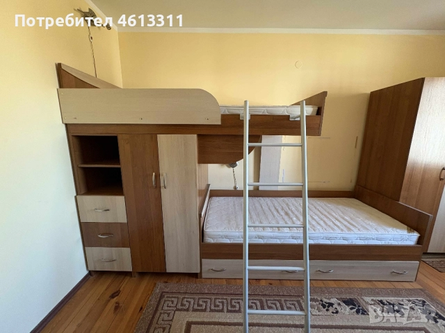 Двойно детско легло, с шкафове и гардероб, снимка 1