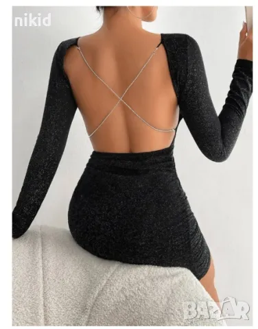 Дамска Черна елегантна рокля по тялото с гол гръб дълги ръкави брокат, снимка 4 - Рокли - 48090572