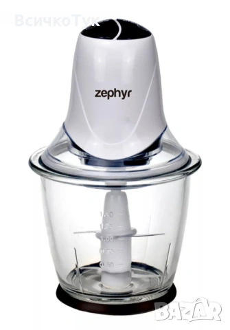 ✨Чопър със стъклена купа ZEPHYR ZP 1111 IG, 300W, 1.5 литра, 2 скорости, 4 остриета, Бял 