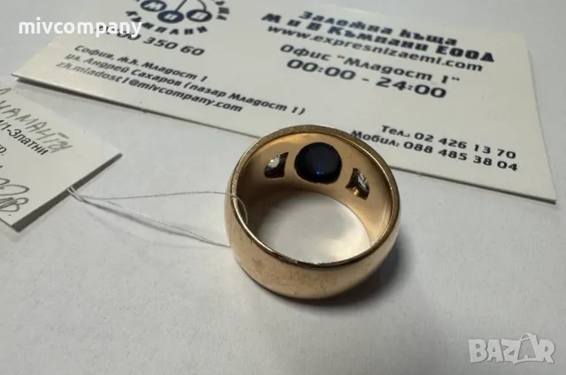 Златен пръстен 12.28гр.с 2бр.диаманти 0.40К и естествен сапфир 3К+сертификат, снимка 5 - Пръстени - 49676360