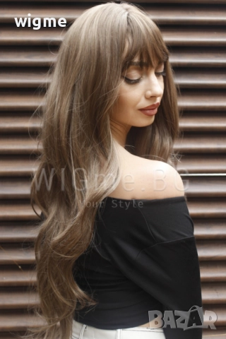 Дълга чуплива тъмноруса перука на светлоруси кичури с бретон Мирея, снимка 4 - Аксесоари за коса - 50069566