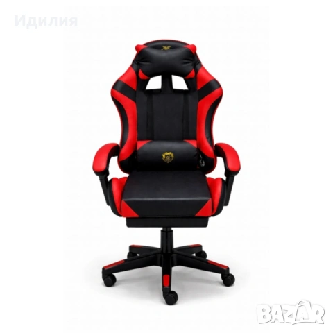 Удобен геймърски стол с поставка за крака и масажна лумбална възглавница, Черно-червен, снимка 6 - Столове - 53474394