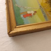 красива картина пейзаж рисувана от вътрешната страна на стъклото със дървена винтидж рамка , снимка 4 - Антикварни и старинни предмети - 44398853