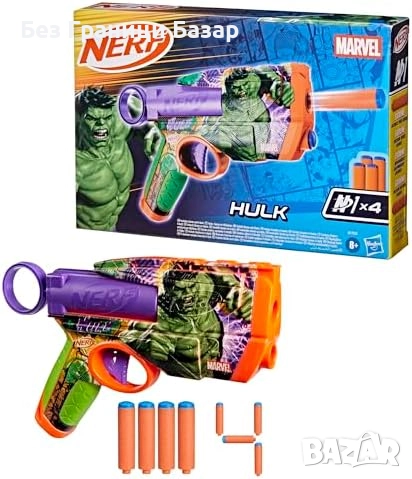 Нов Nerf Marvel Hulk бластер с 4 меки стрели N1 за деца 8+ играчка, снимка 1