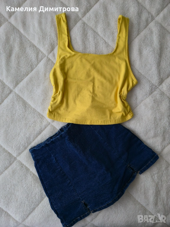 Дамски летен сет – жълт топ + дънкова пола-гащи, снимка 1
