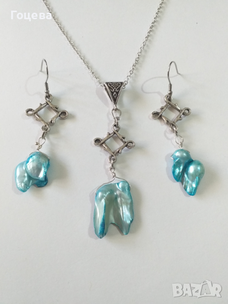 Бохо комплект бижута с естествени тюркоазено-сини речни перли и орнаменти в цвят Сребро , снимка 1