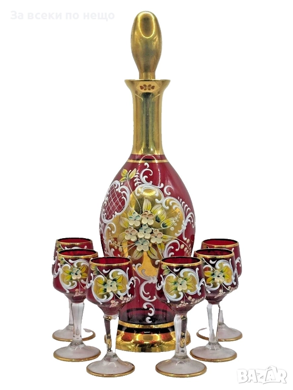Murano Italy   Circa 1957  Bischoff Cordials Venetian Italian set with  Ruby Red end 18 k Код P1662, снимка 1