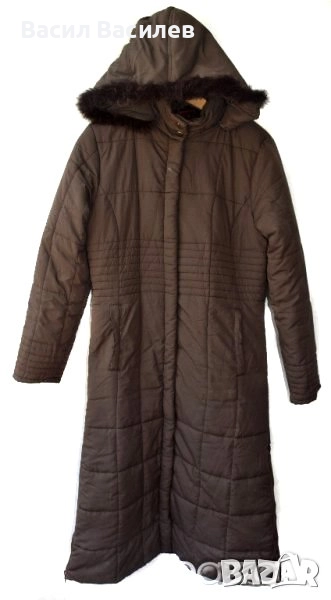 Miss Shilly дамско дълго шушляково яке манто кафяво с качулка естествен пух, снимка 1