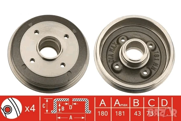 Барабан спирачен заден за PEUGEOT 205 I,205 II,205/HATCHBACK 1.0-1.9D 02.83-09.98г.№ S70147, снимка 1