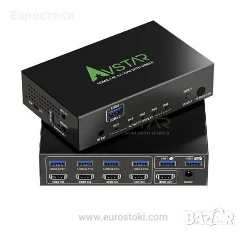 AVSTAR USB KVM превключвател HDMI 4K@60Hz, KVM Switch 4 порта, 4 в 1 изход с 4 USB 3.0 / USB 3.1 хъб, снимка 1
