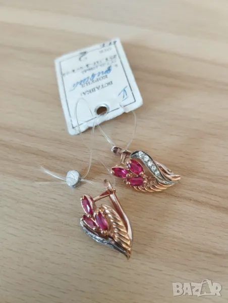 Руски златни обеци с рубини и фианити Нови!, снимка 1