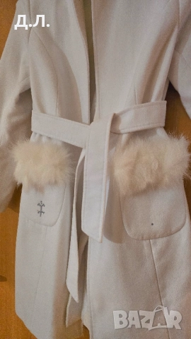 Дамско бяло палто с колан и естествен косъм Collection Ka Bo, снимка 6 - Палта, манта - 52398434