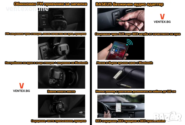 BASEUS безжичен Bluetooth 5.0 AUX аудио адаптер за автомобил +Гаранция, снимка 5 - Аксесоари и консумативи - 40958986