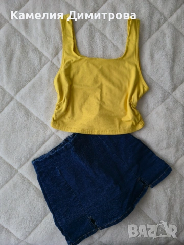 Дамски летен сет – жълт топ + дънкова пола-гащи