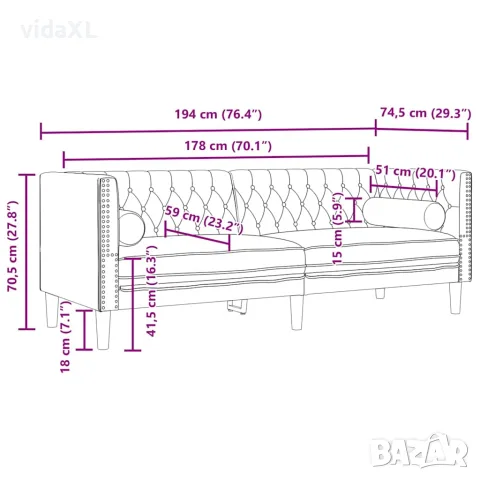 vidaXL Честърфийлд диван с болстери, 3-местен, черен, кадифе, снимка 9 - Дивани и мека мебел - 56147440