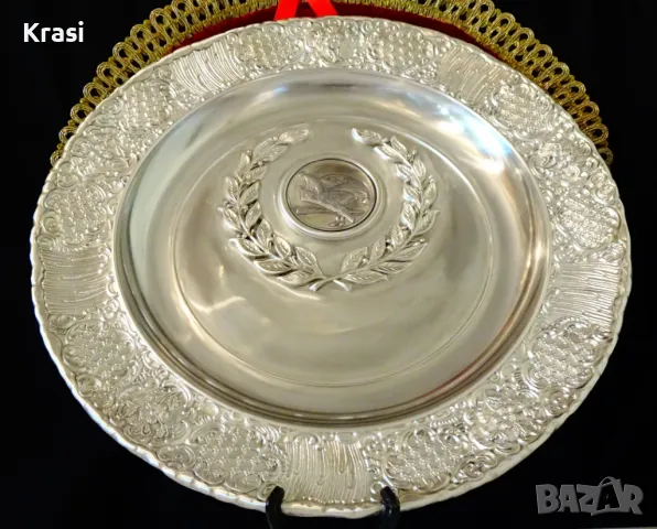 Калаена чиния,пано,калаена сватба,1 кг.,31 см.,гравиране. , снимка 10 - Антикварни и старинни предмети - 47496759