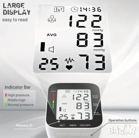 Автоматичен апарат за кръвно налягане за китка с голям дисплей и памет, снимка 4 - Уреди за диагностика - 50742180