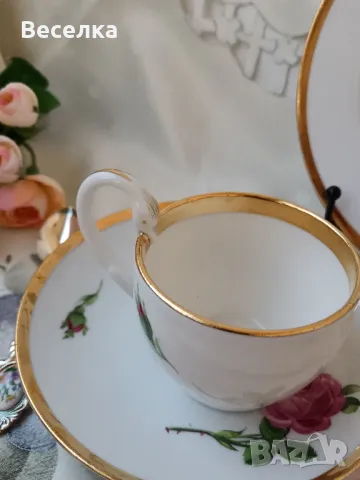 Meissen, троен сет за кафе и десерт, декор роза, злато и дръжка лебедова шия , снимка 4 - Антикварни и старинни предмети - 48917081