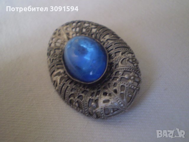 брошка Чешко стъкло с цвят синьо и филигранн 1920г , снимка 2 - Антикварни и старинни предмети - 38686508