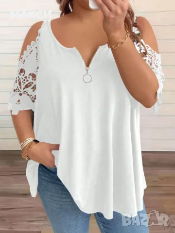 Модерна еластична мека клоширана туника с отворени рамене, красиви дантелени ръкави и мини метално ц, снимка 1