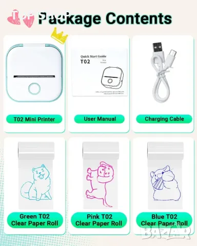 Мини принтер Memoking T02 - Преносим термичен принтер без мастило с три ролки, снимка 7 - Принтери, копири, скенери - 49423130