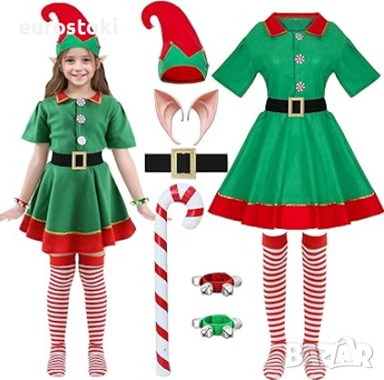 Детски коледен костюм на Елф Raveparty, от 7 части, карнавален костюм на Коледен Елф за момичета 