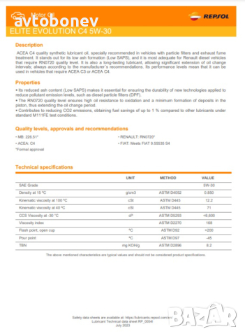 Двигателно масло REPSOL ELITE EVOLUTION C4 5W30, снимка 4 - Части - 44670435