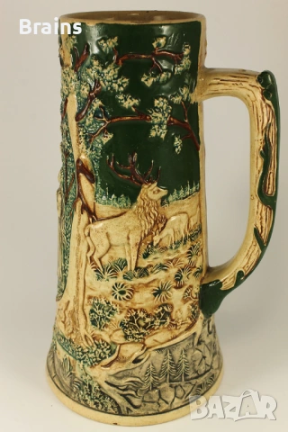 1900's Рицарът И Горска Фея Стара Немска Голяма Керамична Халба Релефна, снимка 3 - Антикварни и старинни предмети - 53167322