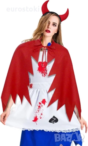 Комплект костюм за Хелоуин Дявол, червен назъбен плащ, рога, червен триъгълен зъбец, косплей костюм