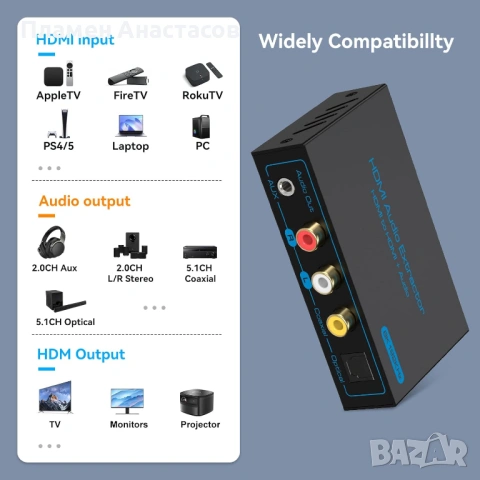 8K 60Hz HDMI Audio Extractor – HDMI към Optical/Coaxial/AUX конвертор, 4K120Hz, поддръжка HDCP, DTS, снимка 6 - Други - 53283336