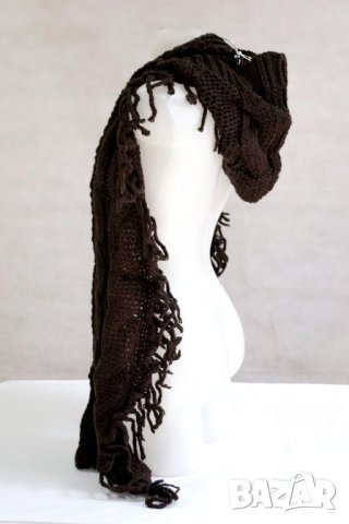 Мек плетен тъмнокафяв шал с качулка и ресни Fobya, снимка 3 - Шалове - 42164689