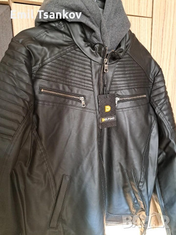Кожено яке със сваляща се качулка, снимка 3 - Якета - 53873205
