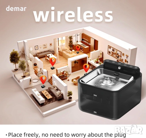 Фонтан от неръждаема стомана за котки - 3,2 л, безжичен, 3 режима на работа, снимка 2 - За котки - 53835515