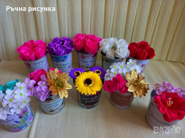 Кашпа със сапунени цветя ,с надпис за всеки повод -Благодаря!Мама!Учителка!Класна!Дипломиране!, снимка 1