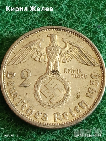 Сребърна монета 2 райхсмарки 1939г. Германия Трети Райх с Свастика за КОЛЕКЦИОНЕРИ 53141