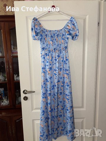 Нова етикет дълга синя буфан ръкав цепка  ежедневно елегантна рокля флорален принт  нежни цветя , снимка 3 - Рокли - 41348334