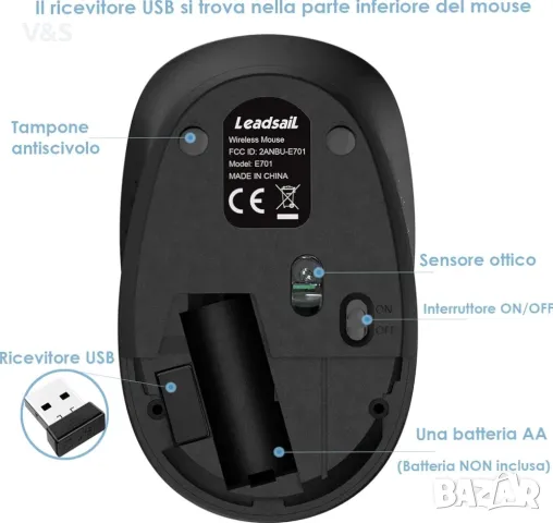 Безжична мишка LeadsaiL, 2.4G безжична мишка, тиха с USB приемник, 1600 DPI оптично проследяване, , снимка 6 - Клавиатури и мишки - 47805179